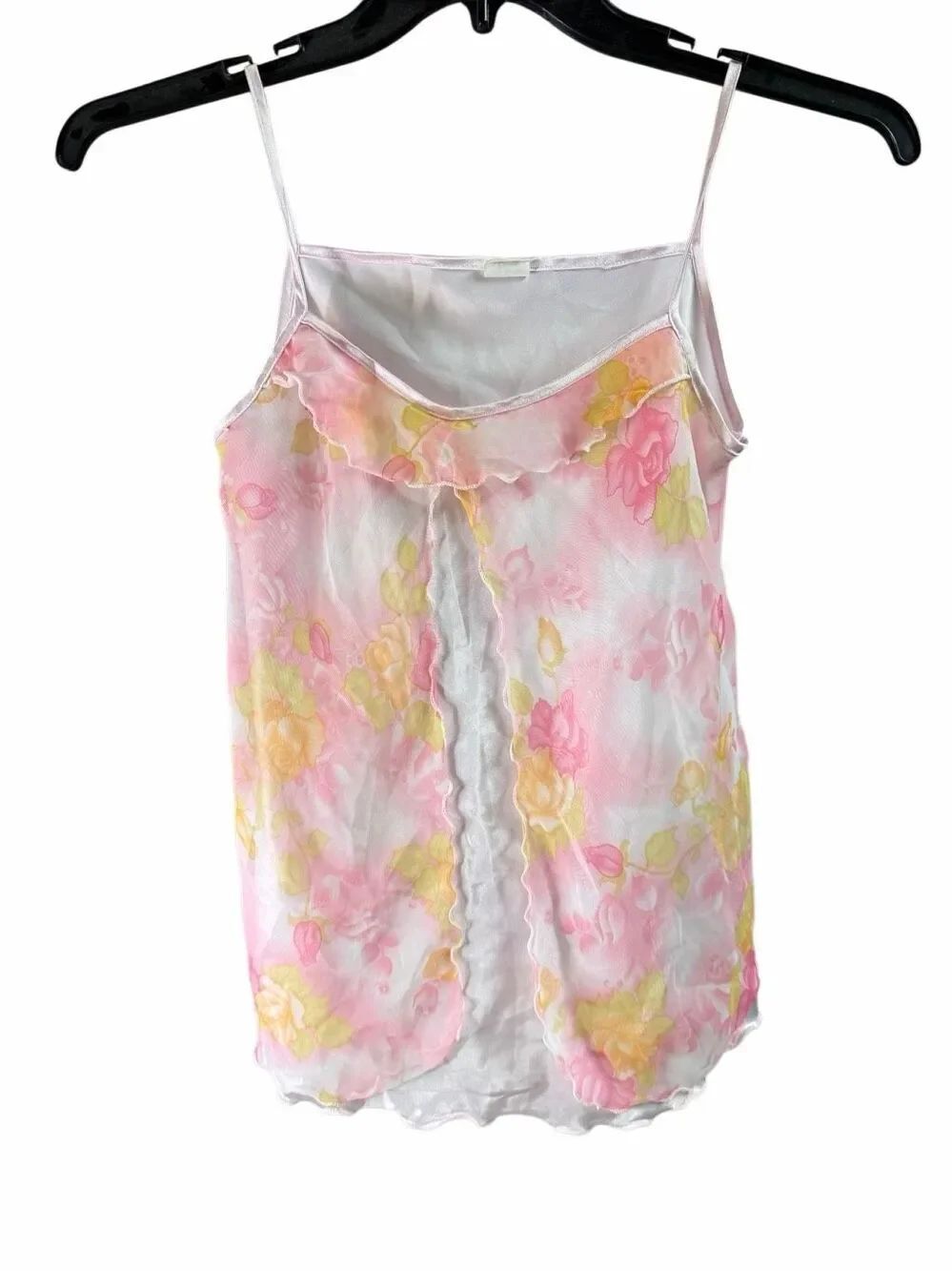 D&H XL Sheer Floral Mesh Camisole Y2K Fairycore Cottagecore Ruffle Tank Top READ